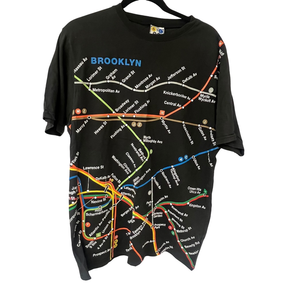 NYC Subway Line Brooklyn Map Graphic T-Shirt Black Cotton TeeMens Medium